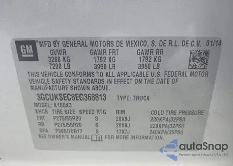 2014 Chevrolet Silverado 1500 2Lz из США, поврежденный, VIN 3GCUKSEC8EG368813